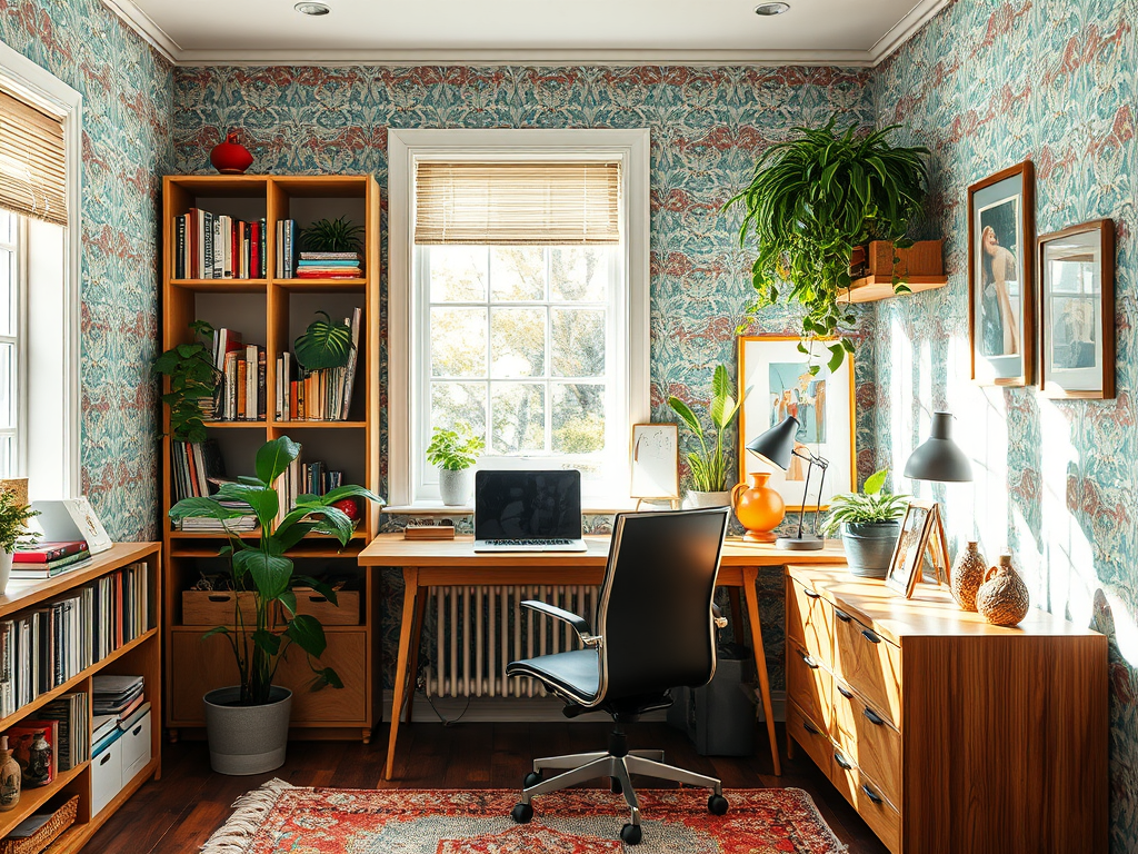 A warm and cozy office with natural light streaming through a large window, wood furniture, funky patterned wallpaper, and plants.