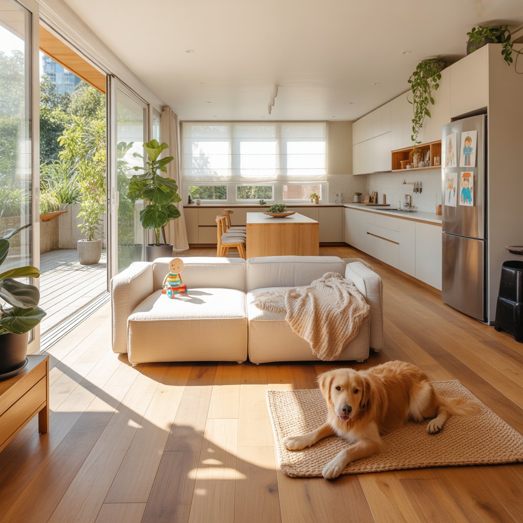 A bright family room with floor to ceiling windows shining light onto a cozy white couch. A golden retriver is lying on the floor and there are several plants inside and also outside on a visible patio.