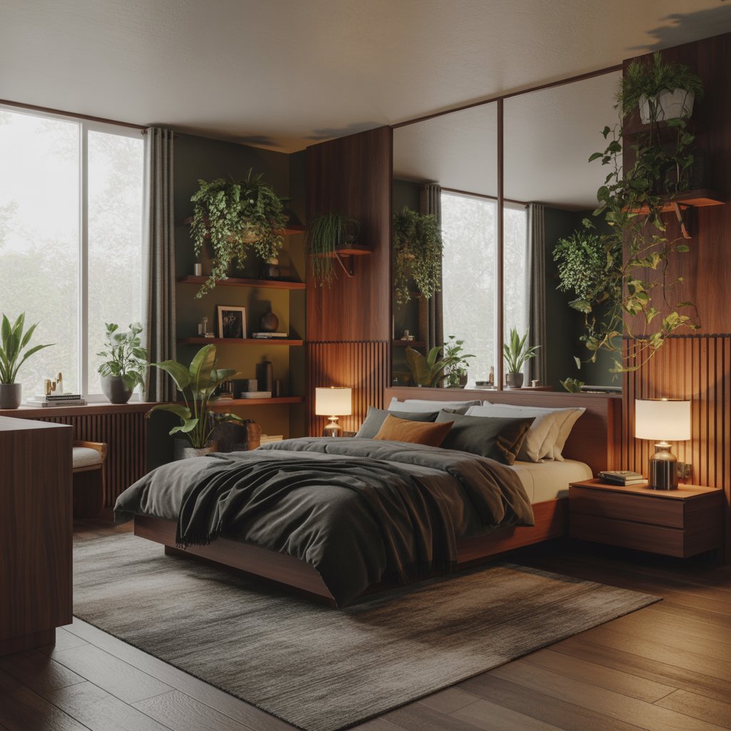 A bedroom with a large mirrored wall, tall windows, soft lighting, and many plants.