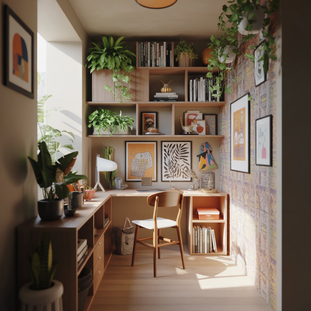 A home office tucked into a corner, with natural light from a large window, simple wooden furniture, and lots of plants interspersed with art and personal objects on shelves.
